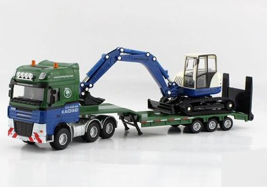 Blue 1:50 Scale Kids Excavator Diecast Lowbed Truck Toy