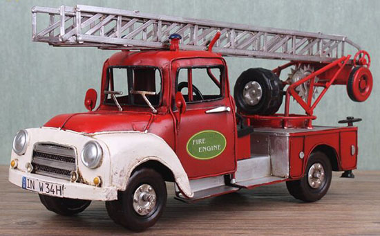 Handmade Red-White Tinplate Vintage Fire Fighting Truck Model