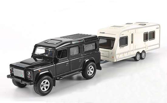 1:32 Black Diecast Land Rover Defender With Motor Homes Trailer