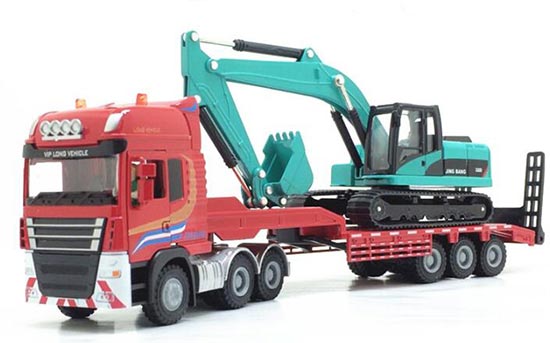 Kids Red 1:50 Scale Excavator Diecast Lowbed Truck Toy
