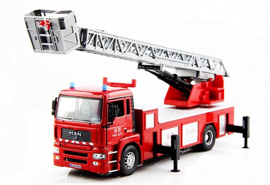 Kids Red 1:32 Scale MAN Scaling Ladder Diecast Fire Truck Toy